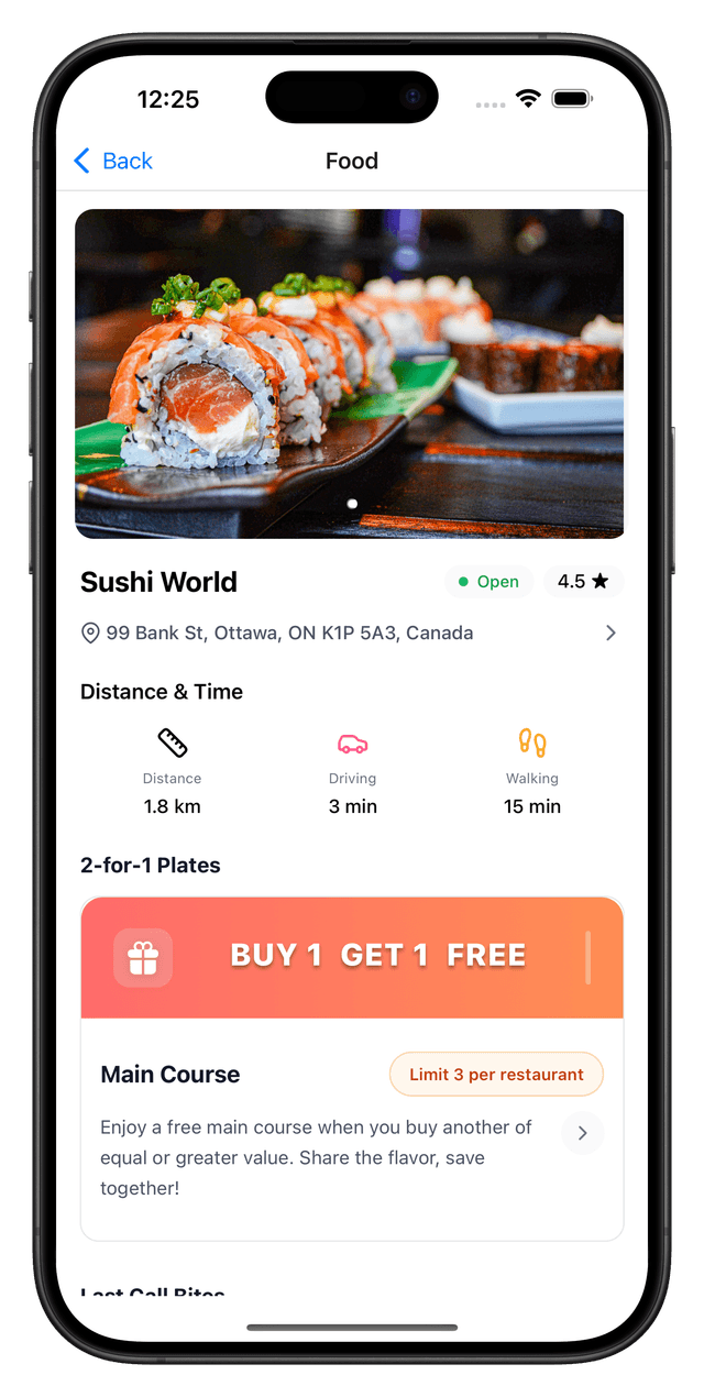 BOGO specials interface showing restaurant offers and deals