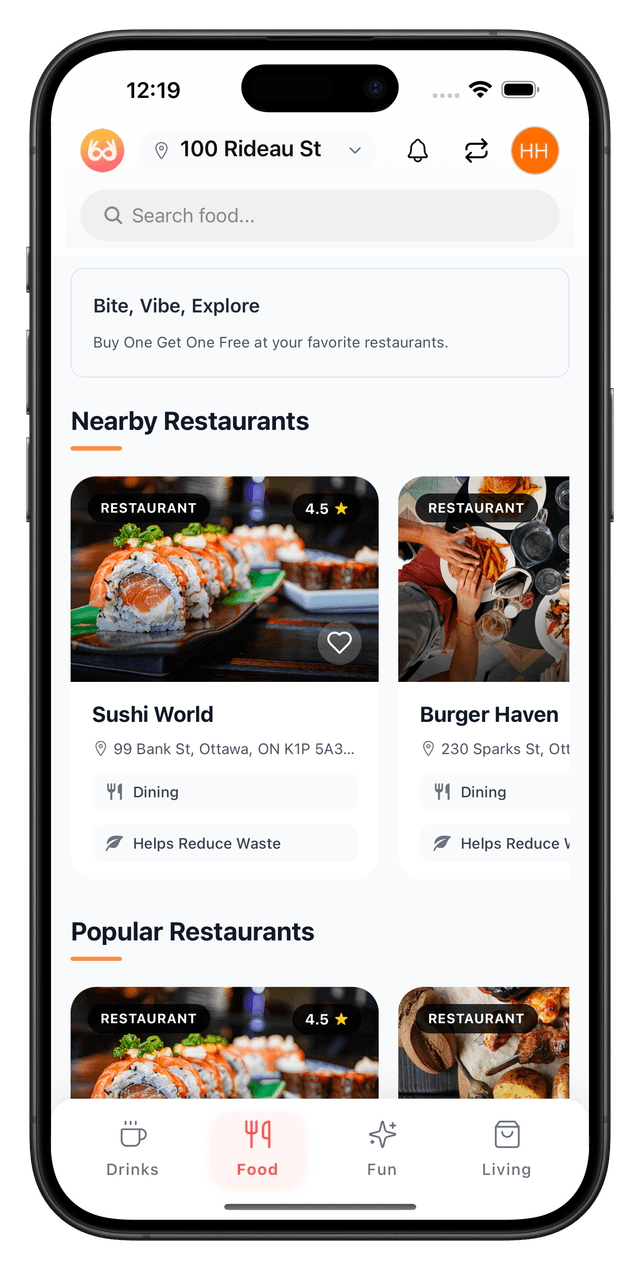 Arooba mobile app interface showing restaurant discovery features and BOGO deals