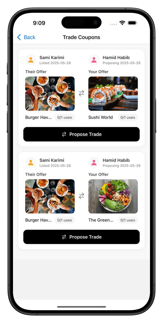 Trade marketplace interface showing business listings and deal exchanges